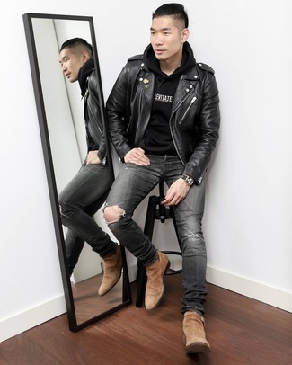 Black and White Print Hoodie Outfits For Men: This relaxed combination of a black and white print hoodie and charcoal ripped jeans is simple, seriously stylish and extremely easy to recreate. For something more on the elegant side to finish this outfit, introduce tan suede chelsea boots to the equation.