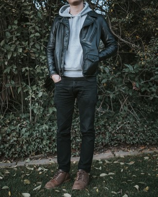 Black Leather Jacket Outfits For Men: A black leather jacket and black jeans are a nice pairing to add to your daily casual lineup. And if you need to easily class up your getup with a pair of shoes, introduce brown leather derby shoes to the equation.