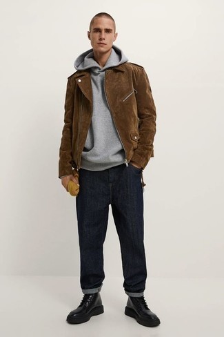 Dark Brown Suede Biker Jacket Outfits For Men: This is solid proof that a dark brown suede biker jacket and navy jeans look amazing when you pair them in a casual outfit. If you want to easily up the style ante of your look with one single piece, introduce a pair of black leather casual boots to the mix.
