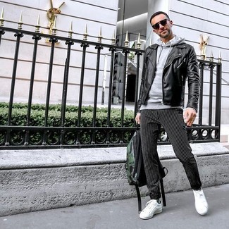 Men's Black Leather Biker Jacket, Grey Hoodie, White Long Sleeve Shirt, Black and White Vertical Striped Chinos