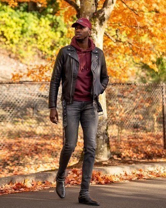 Burgundy Print Baseball Cap Outfits For Men: Consider wearing a dark brown leather biker jacket and a burgundy print baseball cap for a laid-back twist on casual urban menswear. For extra style points, complete this look with a pair of black embellished leather chelsea boots.