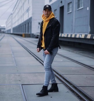 Mustard Hoodie Outfits For Men: Why not team a mustard hoodie with light blue ripped skinny jeans? As well as super practical, these two items look great when worn together. Add a pair of black leather casual boots to the mix to easily rev up the style factor of your getup.