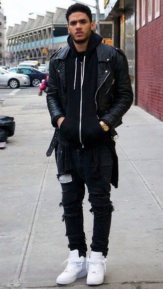 Men's Black Leather Biker Jacket, Black Hoodie, Black Ripped Skinny Jeans, White High Top Sneakers