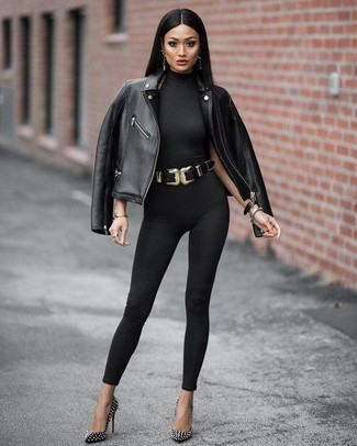 Leather Jacket with Jumpsuit Outfits: A leather jacket and a jumpsuit have become veritable closet staples. Balance this getup with a more elegant kind of footwear, like these black studded leather pumps.