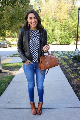 Women's Black Leather Biker Jacket, Black and White Check Long Sleeve Blouse, Blue Skinny Jeans, Tobacco Leather Ankle Boots