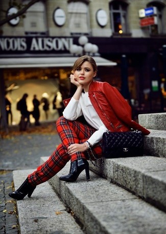 White and Black Long Sleeve Blouse Outfits: Why not rock a white and black long sleeve blouse with red plaid skinny pants? Both of these pieces are very functional and look fabulous paired together. Look at how nice this look pairs with black leather ankle boots.