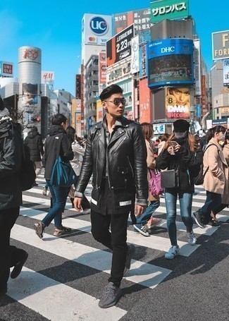 Charcoal Sunglasses Outfits For Men: Consider pairing a black leather biker jacket with charcoal sunglasses if you're in search of a look option that speaks bold casual style. And if you want to easily polish off this outfit with one item, go for grey athletic shoes.