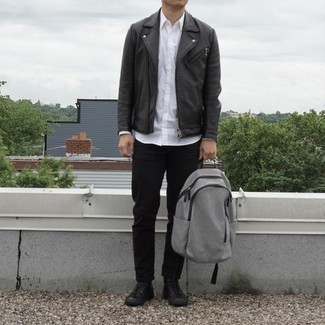Black Leather High Top Sneakers Outfits For Men: To put together a casual outfit with a modern spin, you can easily rock a black leather biker jacket and black chinos. Black leather high top sneakers are a surefire way to add a touch of stylish nonchalance to your getup.