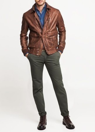 Dark Brown Leather Biker Jacket Outfits For Men: Why not consider teaming a dark brown leather biker jacket with olive chinos? As well as totally practical, these two pieces look nice paired together. Finishing off with burgundy leather casual boots is a fail-safe way to bring a little flair to your outfit.