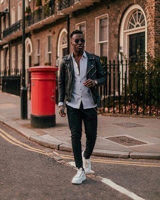 Navy Sunglasses Outfits For Men: Reach for a black leather biker jacket and navy sunglasses for comfort dressing with a fashionable spin. On the fence about how to finish this ensemble? Finish off with white and black canvas low top sneakers to kick it up a notch.