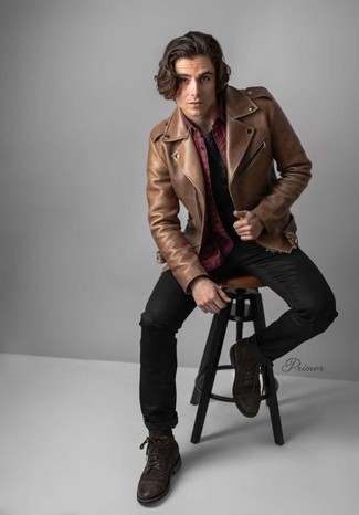 Brown Leather Biker Jacket Outfits For Men: Fashionable and practical, this casual combination of a brown leather biker jacket and black jeans will provide you with variety. Don't know how to round off your ensemble? Wear dark brown suede casual boots to dial it up.