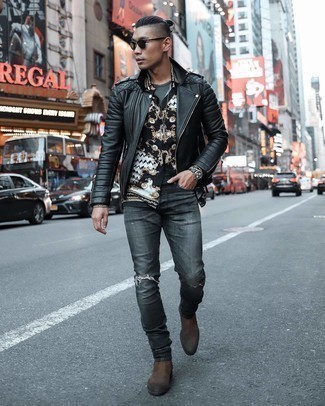 Black Quilted Leather Biker Jacket Outfits For Men: This combo of a black quilted leather biker jacket and charcoal ripped jeans speaks laid-back attitude and stylish practicality. To give this outfit a more elegant aesthetic, complete your look with dark brown suede chelsea boots.