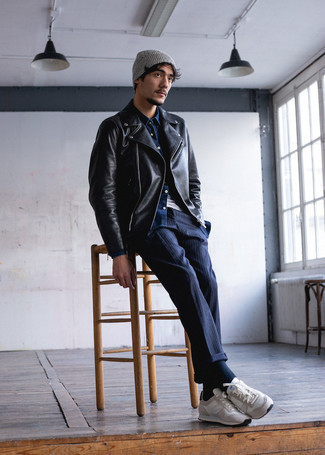 Grey Beanie Outfits For Men: This laid-back pairing of a black leather biker jacket and a grey beanie is a goofproof option when you need to look stylish in a flash. And if you want to immediately ramp up your outfit with footwear, why not complement your outfit with a pair of beige athletic shoes?