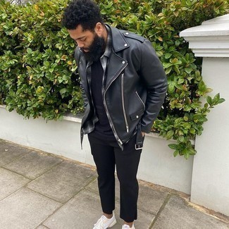 Black Leather Biker Jacket Outfits For Men: Why not team a black leather biker jacket with black chinos? As well as totally functional, these pieces look awesome matched together. White athletic shoes are an effortless way to power up your getup.