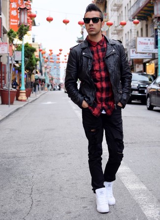 Men's Black Leather Biker Jacket, Red and Black Gingham Long Sleeve Shirt, Black Ripped Jeans, White High Top Sneakers