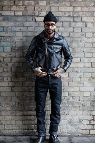 Houndstooth Leather Biker Jacket