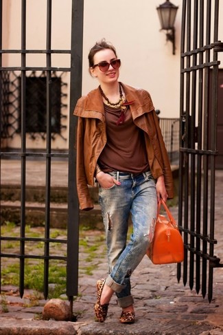 Women's Tobacco Leather Biker Jacket, Brown Long Sleeve T-shirt, Blue Ripped Boyfriend Jeans, Brown Leopard Leather Loafers
