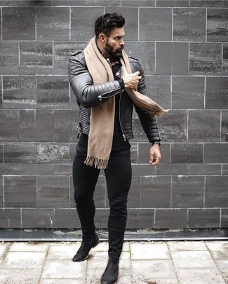 Tan Scarf Outfits For Men: For an ensemble that's pared-down but can be manipulated in a myriad of different ways, opt for a black leather biker jacket and a tan scarf. Bring an elegant twist to an otherwise straightforward look by rocking a pair of black suede chelsea boots.