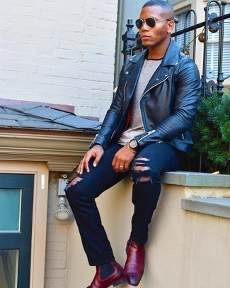 Dark Green Sunglasses Outfits For Men: This contemporary pairing of a navy leather biker jacket and dark green sunglasses can only be described as seriously dapper. Burgundy leather chelsea boots are an effective way to punch up this ensemble.