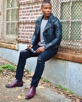 Black Ripped Jeans with Burgundy Chelsea Boots Outfits For Men (2 ideas ...