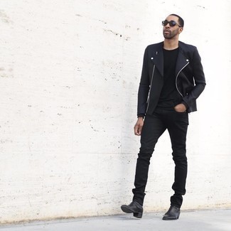 For comfort dressing with a modern twist, consider wearing a black biker jacket and black jeans. Inject this outfit with a dose of elegance by sporting a pair of black leather chelsea boots.