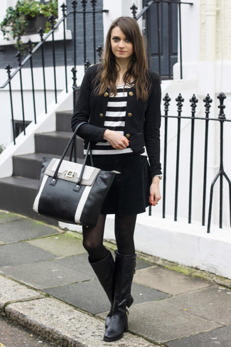 Women's Black Biker Jacket, White and Black Horizontal Striped Long Sleeve T-shirt, Black Velvet Mini Skirt, Black Leather Knee High Boots