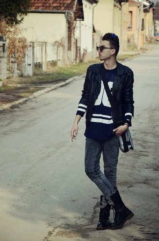 Men's Black Leather Biker Jacket, Navy and White Print Long Sleeve T-Shirt, Charcoal Skinny Jeans, Black Leather Casual Boots