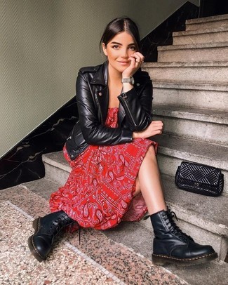 Black Leather Biker Jacket Outfits For Women: For a look that's super easy but can be worn in a great deal of different ways, pair a black leather biker jacket with a red paisley maxi dress. Make black leather lace-up flat boots your footwear choice and the whole look will come together.