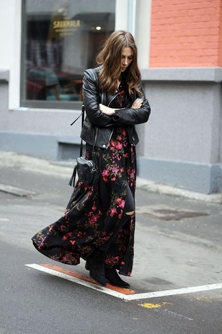 Black Maxi Dress Outfits: The formula for a knockout off-duty outfit? A black maxi dress with black ripped skinny jeans. Black suede ankle boots will add an air of sultry polish to this getup.