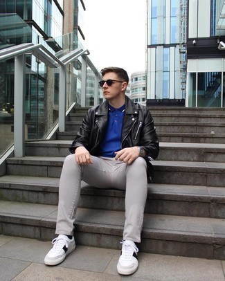 Men's Black Leather Biker Jacket, Navy Polo, Grey Chinos, White and Black Leather Low Top Sneakers