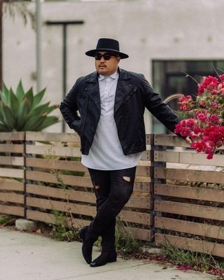 Biker Jacket Outfits For Men: This casual street style combination of a biker jacket and black ripped jeans is extremely easy to throw together in seconds time, helping you look seriously stylish and ready for anything without spending too much time digging through your closet. Introduce black suede chelsea boots to the mix for a dose of sophistication.