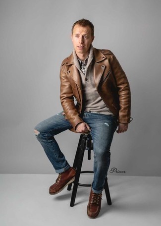 Navy Ripped Jeans Outfits For Men: If you're on a mission for an edgy but also stylish ensemble, wear a brown leather biker jacket with navy ripped jeans. If you want to instantly polish off your outfit with a pair of shoes, introduce brown leather casual boots to the equation.