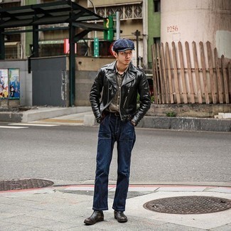 Flat Cap Outfits For Men: Consider wearing a black leather biker jacket and a flat cap if you seek to look casually stylish without making too much effort. If you wish to effortlessly step up this outfit with one single item, why not introduce black leather chelsea boots to this outfit?