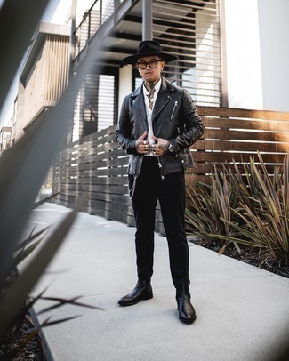 Black Leather Chelsea Boots Outfits For Men: If you're on the hunt for a casual yet dapper look, team a black leather biker jacket with black chinos. If you want to effortlessly dial up this outfit with one piece, complete your outfit with black leather chelsea boots.
