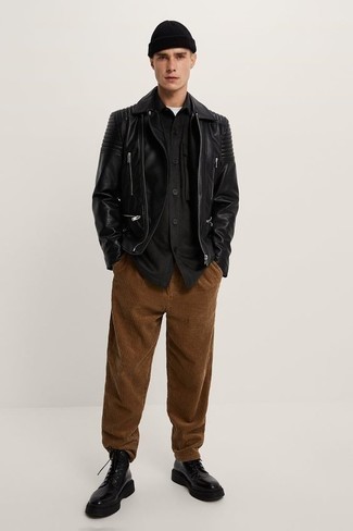 Brown Corduroy Chinos Outfits: Reach for a black quilted leather biker jacket and brown corduroy chinos for a comfy menswear style that's also pulled together nicely. With shoes, go for something on the classier end of the spectrum and finish off this outfit with black leather casual boots.