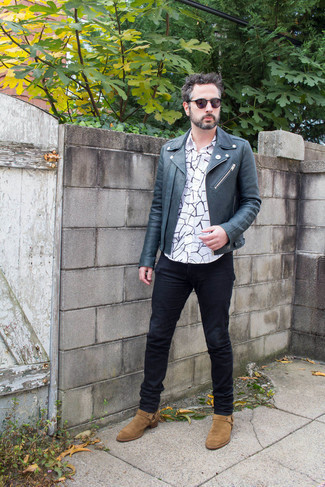 Men's Navy Leather Biker Jacket, White and Black Print Short Sleeve Shirt, Navy Jeans, Tan Suede Chelsea Boots
