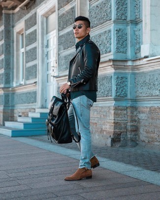 Black Leather Backpack Outfits For Men: Go for a black leather biker jacket and a black leather backpack for a relaxed casual outfit with a city style finish. And if you need to instantly lift up this getup with one item, introduce a pair of brown suede chelsea boots to the equation.