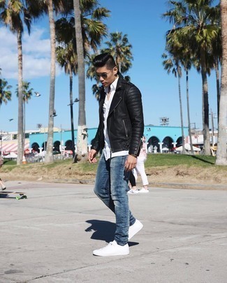 Black Leather Jacket with Blue Pants Outfits For Men: If it's ease and practicality that you love in an outfit, pair a black leather jacket with blue pants. To introduce a bit of flair to your ensemble, introduce white canvas low top sneakers to the equation.