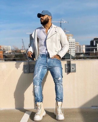 Men's White Leather Biker Jacket, White Short Sleeve Shirt, Blue Ripped Jeans, Beige Leather Work Boots