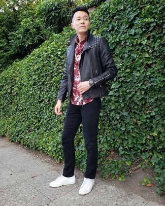 Men's Black Quilted Leather Biker Jacket, Burgundy Floral Short Sleeve Shirt, Black Jeans, White Canvas Low Top Sneakers