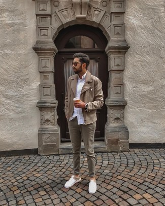 Men's Tan Leather Biker Jacket, White Short Sleeve Shirt, Olive Jeans, White Canvas Low Top Sneakers