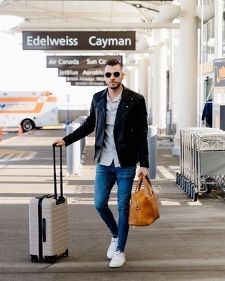 Tan Suitcase Outfits For Men: Pair a black leather biker jacket with a tan suitcase to pull together an interesting and relaxed casual ensemble. If you wish to easily perk up this look with one item, why not add white and navy leather low top sneakers to the mix?
