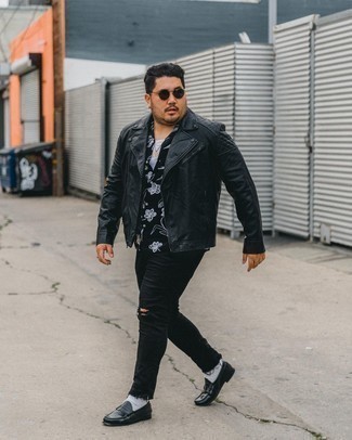 Biker Jacket Outfits For Men: If you gravitate towards contemporary looks, why not wear this combination of a biker jacket and black ripped jeans? For something more on the classy side to finish this outfit, complement your look with a pair of black leather loafers.