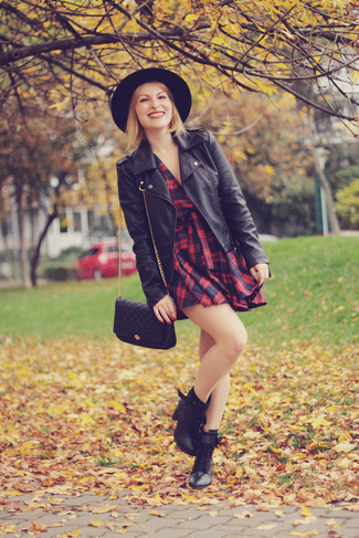 Red and Navy Plaid Skater Dress Outfits: Wear a red and navy plaid skater dress and a black leather biker jacket to pull together a seriously stylish outfit. When it comes to shoes, introduce a pair of black leather lace-up flat boots to this look.