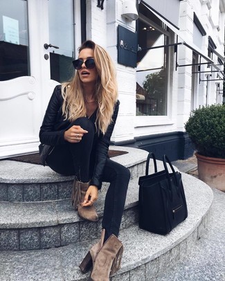 Tobacco Suede Ankle Boots Outfits: For an edgy and casual getup, consider pairing a black leather biker jacket with black skinny jeans — these two pieces play pretty good together. Not sure how to finish off? Complete your look with a pair of tobacco suede ankle boots to bump up the chic factor.