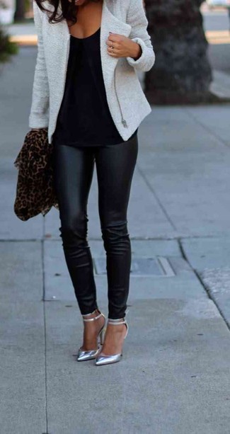 Women's Grey Wool Biker Jacket, Black Sleeveless Top, Black Leather Leggings, Silver Cutout Leather Pumps