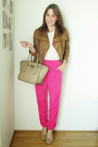 Women's Tobacco Leather Biker Jacket, White Sleeveless Top, Hot Pink Pajama Pants, Beige Leather Ballerina Shoes