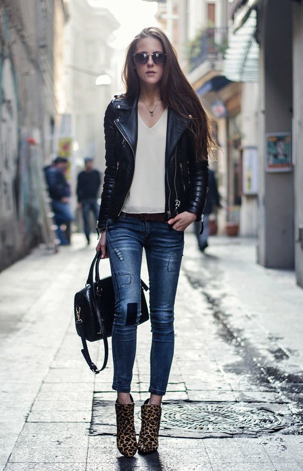 Women's Black Quilted Leather Biker Jacket, Beige Sleeveless Top, Navy  Skinny Jeans, Tan Leopard Calf Hair Ankle Boots