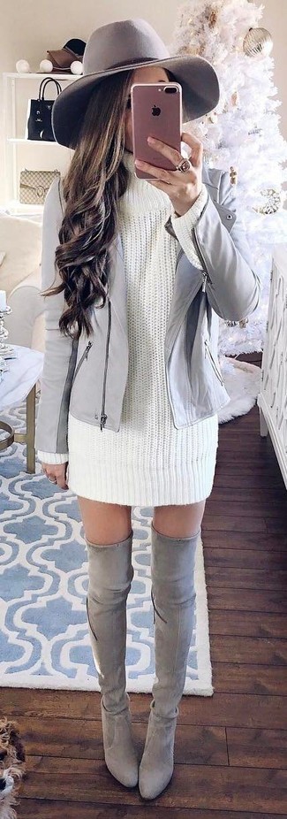 White Sweater Dress Outfits: If you're searching for a relaxed casual yet absolutely chic getup, wear a white sweater dress with a grey leather biker jacket. On the shoe front, go for something on the smarter end of the spectrum and finish this look with a pair of grey suede over the knee boots.