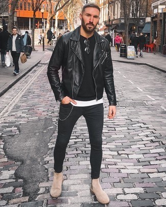 Silver Sunglasses Outfits For Men: This combo of a black leather biker jacket and silver sunglasses makes for the perfect base for a casually stylish ensemble. Finishing with beige suede chelsea boots is a surefire way to bring some extra definition to your look.